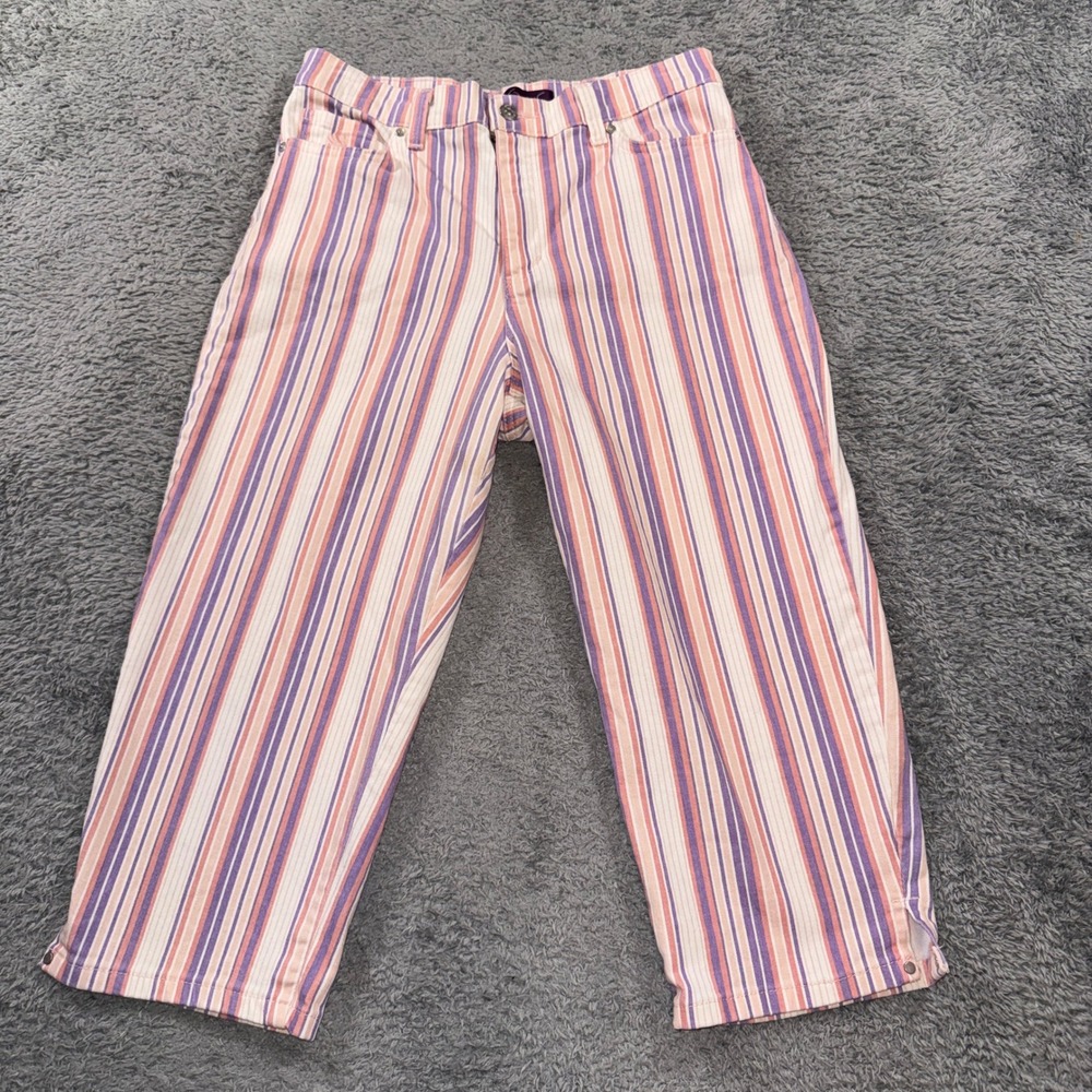 Gloria Vanderbilt Amanda Crop Pants 10 Purple Pink White Striped High Rise Women